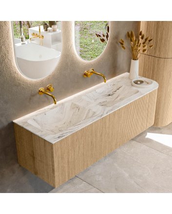 Mondiaz Kurve-Dlux 145cm badmeubel ronding Rechts kleur Oak met 1 lade en 1 deur. Wastafel Leaf Dubbel / Links zonder kraangat Glace.