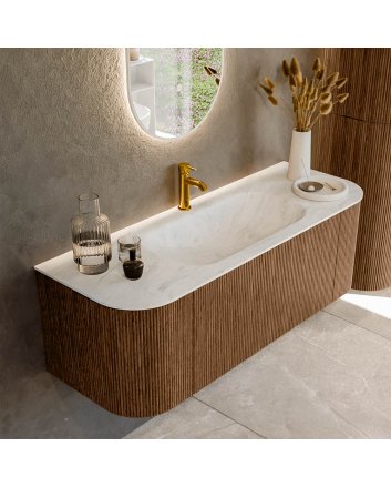 Mondiaz Kurve-Dlux 130cm badmeubel ronding Links + Rechts kleur Walnut met 1 lade en 2 deuren. Wastafel Big small Midden 1 kraangat Opalo.