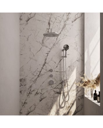 BRAUER Chrome Edition thermostatische inbouw regendouche SET 22 met 30 cm douchekop en gebogen muurarm en 3-standen handdouche en doucheslang en geïntegreerde glijstang chroom