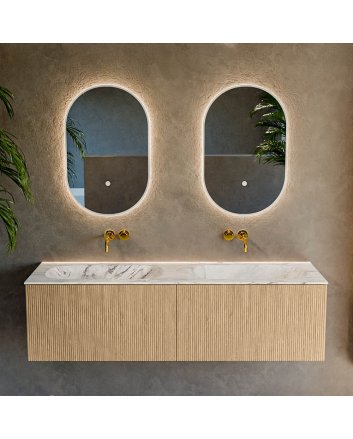 Mondiaz Kurve-Dlux 150cm badmeubel kleur Oak met 2 lades en 0 deuren. Wastafel Stor small Dubbel zonder kraangat Glace.