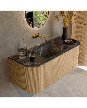Mondiaz Kurve-Dlux 110cm badmeubel ronding Links + Rechts kleur Oak met 1 lade en 2 deuren. Wastafel Cloud Midden zonder kraangat Lava.