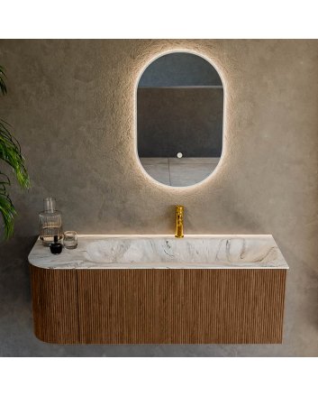 Mondiaz Kurve-Dlux 125cm badmeubel ronding Links kleur Walnut met 1 lade en 1 deur. Wastafel Big medium Rechts 1 kraangat Glace.