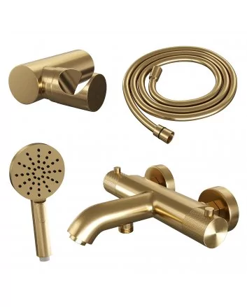 BRAUER Gold Carving opbouw baddouche thermostaatkraan SET 04 met wandhouder en 3-standen handdouche en doucheslang goud geborsteld PVD