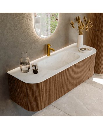 Mondiaz Kurve-Dlux 140cm badmeubel ronding Links + Rechts kleur Walnut met 1 lade en 2 deuren. Wastafel Big small Midden 1 kraangat Opalo.