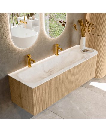 Mondiaz Kurve-Dlux 145cm badmeubel ronding Rechts kleur Oak met 1 lade en 1 deur. Wastafel Big large Links 2 kraangaten Frappe.