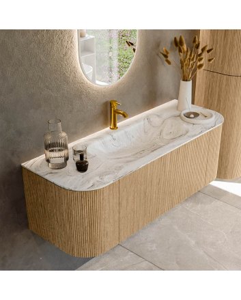 Mondiaz Kurve-Dlux 130cm badmeubel ronding Links + Rechts kleur Oak met 1 lade en 2 deuren. Wastafel Big small Midden 1 kraangat Glace.