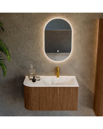 Mondiaz Kurve-Dlux 85cm badmeubel ronding Links kleur Walnut met 1 lade en 1 deur. Wastafel Cloud Rechts 1 kraangat Frappe.
