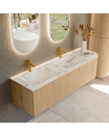 Mondiaz Kurve-Dlux 155cm badmeubel ronding Rechts kleur Oak met 2 lades en 1 deur. Wastafel Leaf Dubbel / Links 2 kraangaten Glace.