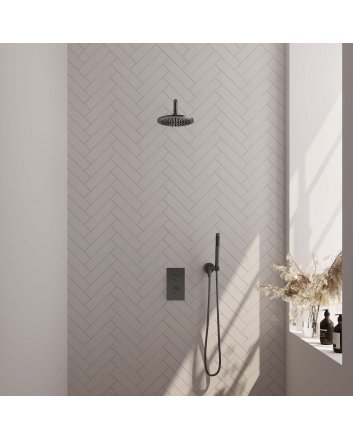 BRAUER Gunmetal Edition thermostatische inbouw regendouche 3-weg omstelling SET 27 met 20 cm douchekop en gebogen muurarm en staaf handdouche en doucheslang en wandaansluitbocht gunmetal geborsteld PVD