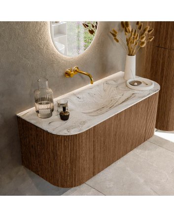 Mondiaz Kurve-Dlux 110cm badmeubel ronding Links + Rechts kleur Walnut met 1 lade en 2 deuren. Wastafel Cloud Midden zonder kraangat Glace.