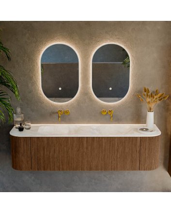 Mondiaz Kurve-Dlux 170cm badmeubel ronding Links + Rechts kleur Walnut met 1 lade en 2 deuren. Wastafel Leaf Dubbel zonder kraangat Ostra.