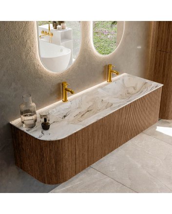 Mondiaz Kurve-Dlux 145cm badmeubel ronding Links kleur Walnut met 1 lade en 1 deur. Wastafel Leaf Dubbel / Rechts 2 kraangaten Glace.