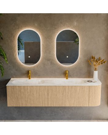 Mondiaz Kurve-Dlux 175cm badmeubel ronding Rechts kleur Oak met 2 lades en 1 deur. Wastafel Stor small Dubbel / Links 2 kraangaten Ostra.