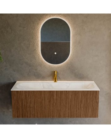 Mondiaz Kurve-Dlux 120cm badmeubel kleur Walnut met 1 lade en 0 deuren. Wastafel Big large Midden 1 kraangat Ostra.