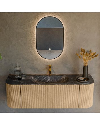 Mondiaz Kurve-Dlux 140cm badmeubel ronding Links + Rechts kleur Oak met 1 lade en 2 deuren. Wastafel Big small Midden 1 kraangat Lava.