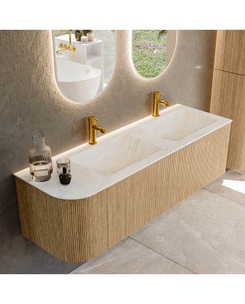 Mondiaz Kurve-Dlux 145cm badmeubel ronding Links kleur Oak met 1 lade en 1 deur. Wastafel Leaf Dubbel / Rechts 2 kraangaten Opalo.