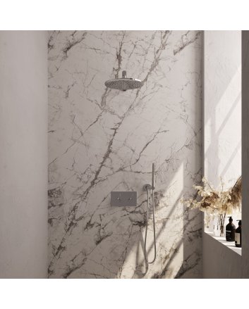 BRAUER Chrome Edition thermostatische inbouw regendouche met drukknoppen SET 50 met 30 cm douchekop en rechte muurarm en staaf handdouche en doucheslang en wandaansluitbocht chroom