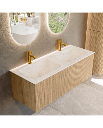 Mondiaz Kurve-Dlux 120cm badmeubel kleur Oak met 1 lade en 0 deuren. Wastafel Leaf Dubbel 2 kraangaten Ostra.