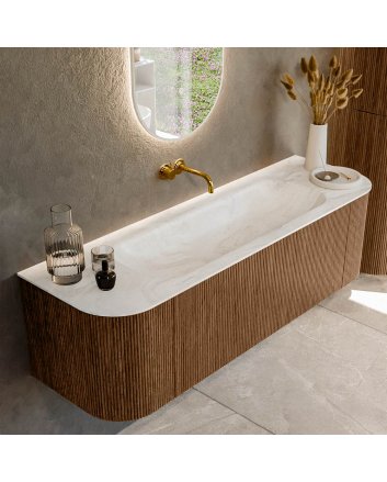 Mondiaz Kurve-Dlux 150cm badmeubel ronding Links + Rechts kleur Walnut met 1 lade en 2 deuren. Wastafel Big medium Midden zonder kraangat Ostra.
