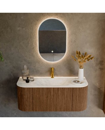 Mondiaz Kurve-Dlux 110cm badmeubel ronding Links + Rechts kleur Walnut met 1 lade en 2 deuren. Wastafel Cloud Midden 1 kraangat Ostra.