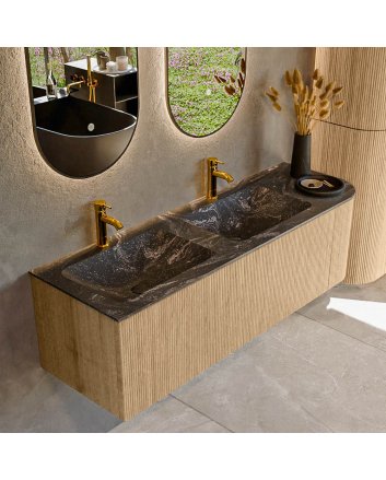 Mondiaz Kurve-Dlux 145cm badmeubel ronding Rechts kleur Oak met 1 lade en 1 deur. Wastafel Leaf Dubbel / Links 2 kraangaten Lava.