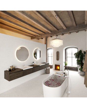 Mondiaz Bukla 300cm badmeubel met module 60 kleur Dark Brown met 5 lades. Wastafel Cloud dubbel 2 kraangaten kleur Talc.