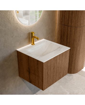 Mondiaz Kurve-Dlux 50cm badmeubel kleur Walnut met 1 lade en 0 deuren. Wastafel Grunne Midden 1 kraangat Ostra.