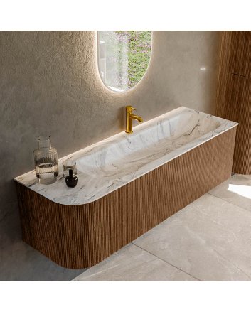 Mondiaz Kurve-Dlux 145cm badmeubel ronding Links kleur Walnut met 1 lade en 1 deur. Wastafel Big large Rechts 1 kraangat Glace.