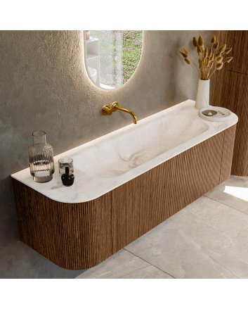 Mondiaz Kurve-Dlux 150cm badmeubel ronding Links + Rechts kleur Walnut met 1 lade en 2 deuren. Wastafel Big medium Midden zonder kraangat Frappe.