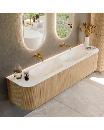 Mondiaz Kurve-Dlux 190cm badmeubel ronding Links + Rechts kleur Oak met 2 lades en 2 deuren. Wastafel Stor small Dubbel zonder kraangat Ostra.