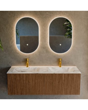 Mondiaz Kurve-Dlux 130cm badmeubel kleur Walnut met 2 lades en 0 deuren. Wastafel Leaf Dubbel 2 kraangaten Glace.