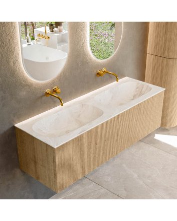 Mondiaz Kurve-Dlux 140cm badmeubel kleur Oak met 2 lades en 0 deuren. Wastafel Stor small Dubbel zonder kraangat Frappe.