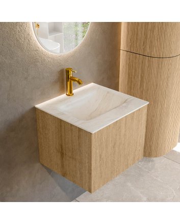 Mondiaz Kurve-Dlux 50cm badmeubel kleur Oak met 1 lade en 0 deuren. Wastafel Grunne Midden 1 kraangat Ostra.