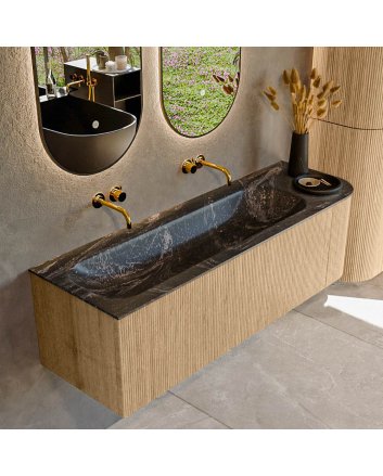 Mondiaz Kurve-Dlux 145cm badmeubel ronding Rechts kleur Oak met 1 lade en 1 deur. Wastafel Big large Links zonder kraangat Lava.