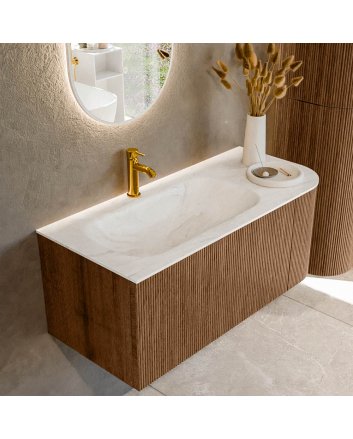 Mondiaz Kurve-Dlux 105cm badmeubel ronding Rechts kleur Walnut met 1 lade en 1 deur. Wastafel Big small Links 1 kraangat Ostra.