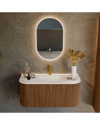 Mondiaz Kurve-Dlux 100cm badmeubel ronding Links + Rechts kleur Walnut met 1 lade en 2 deuren. Wastafel Grunne Midden 1 kraangat Ostra.