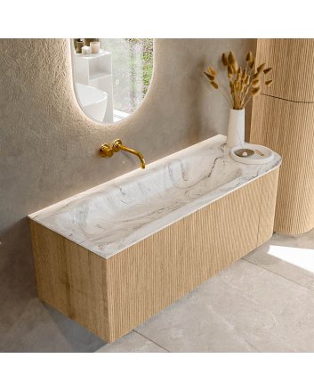 Mondiaz Kurve-Dlux 125cm badmeubel ronding Rechts kleur Oak met 1 lade en 1 deur. Wastafel Big medium Links zonder kraangat Glace.