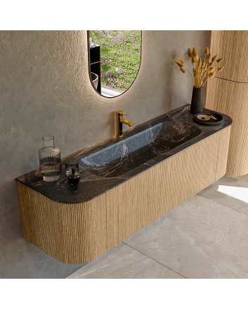 Mondiaz Kurve-Dlux 160cm badmeubel ronding Links + Rechts kleur Oak met 1 lade en 2 deuren. Wastafel Big medium Midden 1 kraangat Lava.