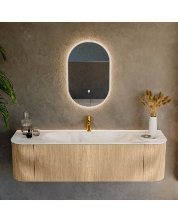 Mondiaz Kurve-Dlux 160cm badmeubel ronding Links + Rechts kleur Oak met 1 lade en 2 deuren. Wastafel Big medium Midden 1 kraangat Frappe.