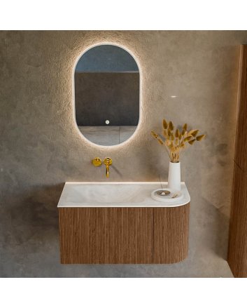 Mondiaz Kurve-Dlux 85cm badmeubel ronding Rechts kleur Walnut met 1 lade en 1 deur. Wastafel Cloud Links zonder kraangat Opalo.
