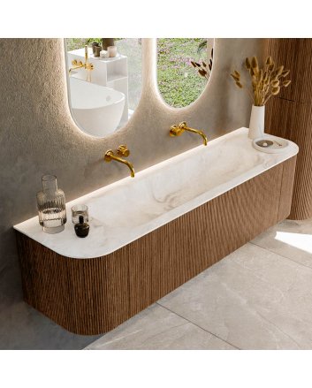 Mondiaz Kurve-Dlux 170cm badmeubel ronding Links + Rechts kleur Walnut met 1 lade en 2 deuren. Wastafel Big large Midden zonder kraangat Frappe.