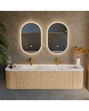 Mondiaz Kurve-Dlux 170cm badmeubel ronding Links + Rechts kleur Oak met 1 lade en 2 deuren. Wastafel Leaf Dubbel 2 kraangaten Glace.