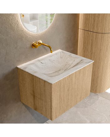 Mondiaz Kurve-Dlux 60cm badmeubel kleur Oak met 1 lade en 0 deuren. Wastafel Cloud Midden zonder kraangat Glace.