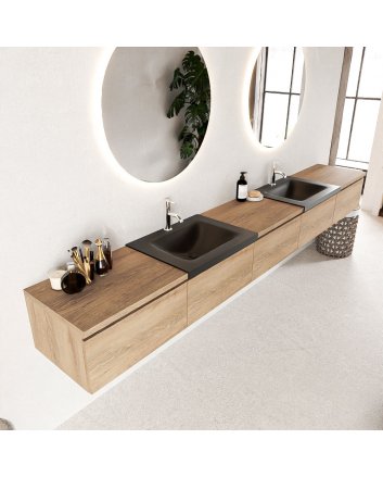 Mondiaz Bukla 300cm badmeubel met module 60 kleur Washed Oak met 5 lades. Wastafel Cloud dubbel 2 kraangaten kleur Urban.