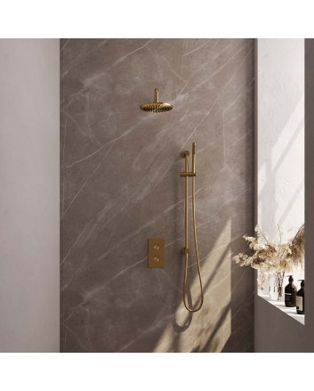 BRAUER Gold Carving thermostatische inbouw regendouche 3-weg omstelling SET 39 met 20 cm douchekop en gebogen muurarm en staaf handdouche en doucheslang en geïntegreerde glijstang goud geborsteld PVD
