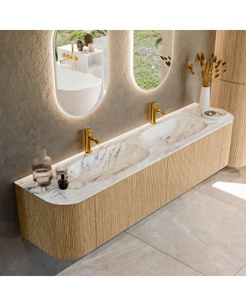 Mondiaz Kurve-Dlux 190cm badmeubel ronding Links + Rechts kleur Oak met 2 lades en 2 deuren. Wastafel Stor small Dubbel 2 kraangaten Glace.