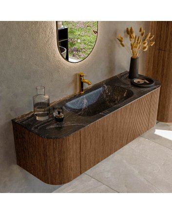 Mondiaz Kurve-Dlux 140cm badmeubel ronding Links + Rechts kleur Walnut met 1 lade en 2 deuren. Wastafel Big small Midden 1 kraangat Lava.