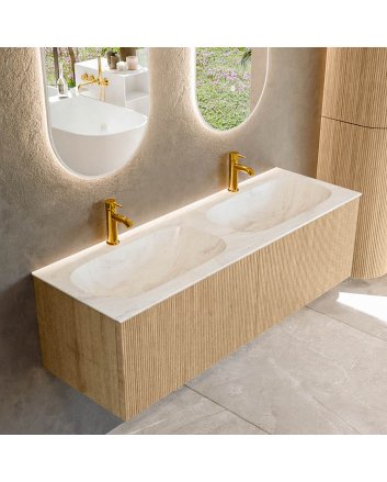 Mondiaz Kurve-Dlux 140cm badmeubel kleur Oak met 2 lades en 0 deuren. Wastafel Stor small Dubbel 2 kraangaten Ostra.