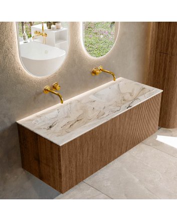 Mondiaz Kurve-Dlux 120cm badmeubel kleur Walnut met 1 lade en 0 deuren. Wastafel Leaf Dubbel zonder kraangat Glace.