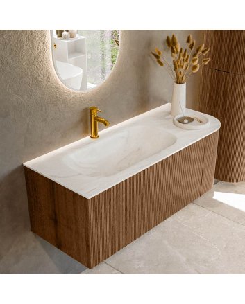 Mondiaz Kurve-Dlux 115cm badmeubel ronding Rechts kleur Walnut met 1 lade en 1 deur. Wastafel Big small Links 1 kraangat Ostra.